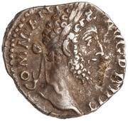 Denarius - Commodus P M TR P X IMP VII COS IIII P P; Roma and Victory obverse image
