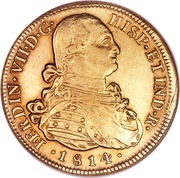 8 Escudos - Fernando VII bust of Carlos IV obverse image