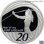 20 Cents - Elizabeth II 4th Portrait - Surf Lifesaver - Silver Proof, Australia, 2007 reverse image
