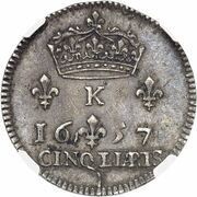 5 Liards or Sol Parisis - Louis XIV, France, 1657 reverse image