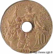 10 centimes Daniel-Dupuis Essai en bronze, perforé, France, 1911 reverse image