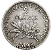 2 Francs - 3è République Semeuse, France, 1898 reverse image