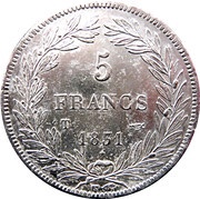 5 Francs - Louis-Philippe I with I - engraved edge, France, 1830-1831 reverse image