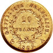 20 Francs - Napoleon I, France, 1807 reverse image