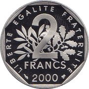 2 Francs Signature: D'Après O. Roty, France, 1991-2001 reverse image