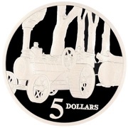 5 Dollars - Elizabeth II 3rd Portrait - Steam Tractor - Masterpieces in Silver, Australia, 1997 reverse image