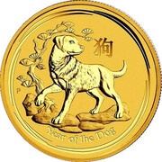 5 Dollars - Elizabeth II 4th Portrait - Year of the Dog - Gold Bullion Coin, Australia, 2018 reverse image