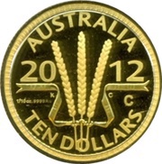 10 Dollars - Elizabeth II 4th Portrait - Wheat Sheaf Dollar - Gold Proof, Australia, 2012 reverse image