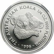 25 Dollars - Elizabeth II 3rd Portrait - Koala - Platinum, Australia, 1996-1997 reverse image