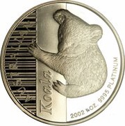 25 Dollars - Elizabeth II 4th Portrait - Koala - Platinum, Australia, 2002 reverse image