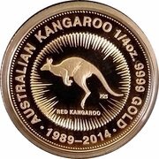 25 Dollars - Elizabeth II 4th Portrait - Australian Kangaroo 25th Anniversary Gold Proof, Australia, 2014 reverse image