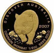 50 Dollars - Elizabeth II 4th Portrait - Common Wombat; Gold Bullion Proof, Australia, 2007 reverse image