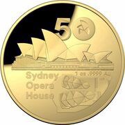 100 Dollars In the name of Elizabeth II; 6th Portrait - 50th Anniversary Sydney Opera House - Gold Proof, Australia, 2023 reverse image