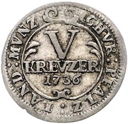 5 Kreuzer - Charles Philip, Germany, 1736 reverse image