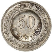 50 Pfennig - Wilhelm II type 2 - small shield - Pattern, Germany, 1902 reverse image
