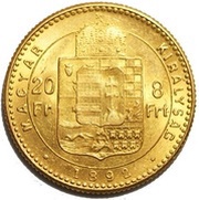 20 Francs / 8 Forint - Francis Joseph I, Hungary, 1890-1892 reverse image