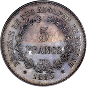 5 Francs - Adolphe Essai, Luxembourg, 1889 reverse image
