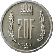 20 Francs - Jean Silver, Luxembourg, 1980 reverse image