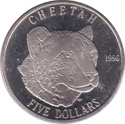 5 Dollars Cheetah, Marshall Islands, 1996 reverse image