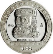 100 Pesos Huehuetéotl - 1 oz Silver Bullion, Mexico, 1992 reverse image