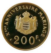 200 Francs - Rainier III 10th Wedding Anniversary; Medallic Coinage, Monaco, 1966 reverse image