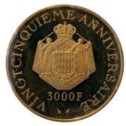 3000 Francs - Rainier III Anniversary of Reign, Medallic Coinage, Monaco, 1974 reverse image